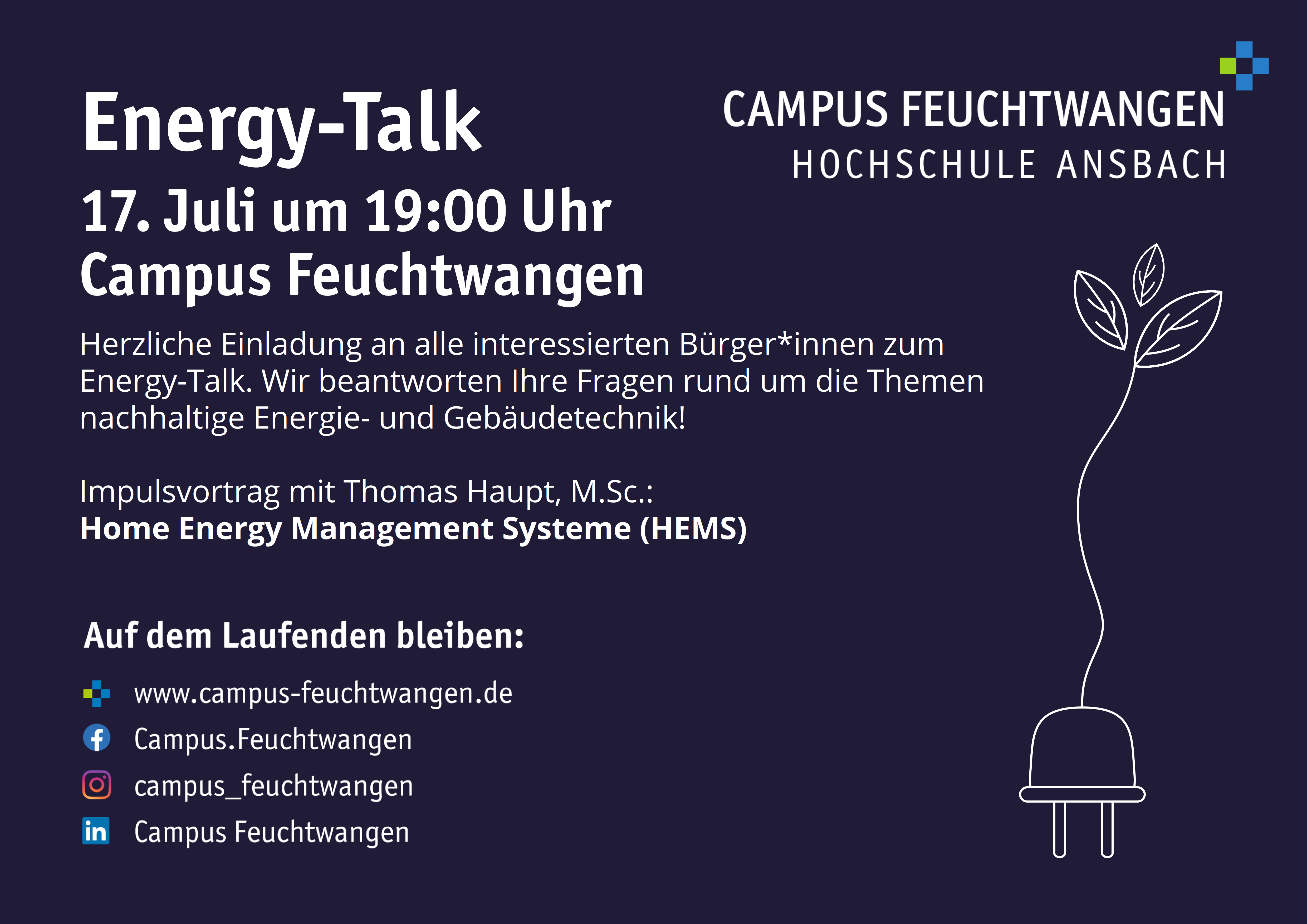 Flyer zum nächsten Energy Talk: Veranstaltung am 17. Juli um 19 Uhr am Campus Feuchtwangen